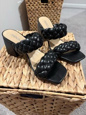Soda Black Braided Double-Strap Block Heel Slides